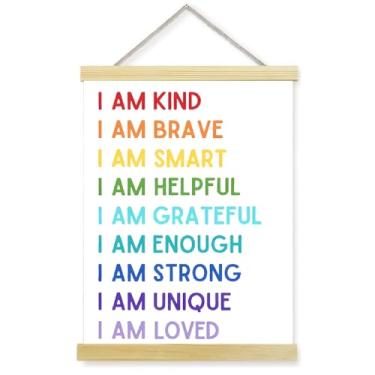 Imagem de CanvaCrafted Pôster de pendurar em madeira maciça, pintura para sala de aula, I Am Affirmation, decoração de parede de sala de jogos, impressão em tela inspiradora Affirmat Banner Imagens emolduradas