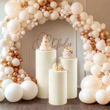 Imagem de CREATCABIN Conjunto de 3 capas de suporte de pedestal de cilindro bege capas de suporte de cilindro elastano pedestal pano elástico evento exibição redonda para festa pano de fundo aniversário