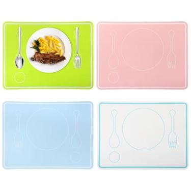 Imagem de Pacote com 4 jogos americanos de silicone para crianças, antiderrapante, 40,6 x 30,5 cm, colorido, tapete de treinamento de alimentação independente