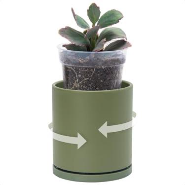 Imagem de D'vine Dev Conjunto de plantador de camada dupla – Cachepot de plástico rotativo com forro interno transparente para a saúde das raízes, perfeito para plantas de interior, 11,4 cm, oliva, 73-U-C-1