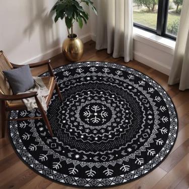 Imagem de SERISSA Tapete redondo, 1,8 m lavável antiderrapante preto e branco Boho Circular, tapete circular grande geométrico de pilha baixa para quarto, entrada, sala de estar, sala de jantar