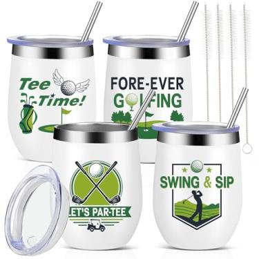 Imagem de Mifoci 4 peças de copos de golfe para amantes de golfe, presentes de 350 ml, copo de vinho de aço inoxidável isolado com canudo e tampa, caneca de café de viagem para mulheres e homens jogadores