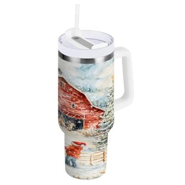 Imagem de STAYTOP Copo The Snow Farm in The Red Barn de 850 g com tampa e palha, copo isolado de aço inoxidável durável à prova de vazamento com alça, garrafas de água à prova de derramamento para viagens