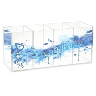 Imagem de Qilmy Suporte de caneta de acrílico com símbolos musicais de tinta azul, 3 compartimentos, porta-lápis transparente para mesa, organizador de pincéis de maquiagem, copo organizador de lápis para