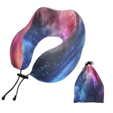 Imagem de CEBUGI Travesseiros de viagem portáteis em forma de U, travesseiro de pescoço de espuma viscoelástica com trava de corda ajustável para avião, viagem, trem, negócios, escritório, soneca (galáxia)