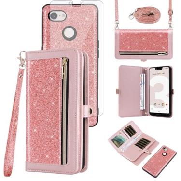 Imagem de Asuwish Capa de celular para Google Pixel 3 XL com zíper carteira destacável com protetor de tela de vidro temperado, alça de cordão com glitter, suporte para cartão Pixel3XL Pixel3 LX Pixle 3GG