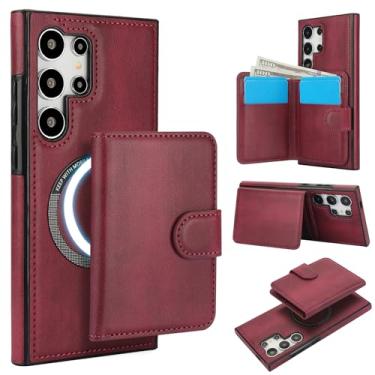 Imagem de Para Samsung Galaxy S24 Carteira ultra destacável compatível com Magsafe capa de carregamento sem fio com suporte para cartão, compartimento para dinheiro, suporte 2 em 1 capa à prova de choque (vinho