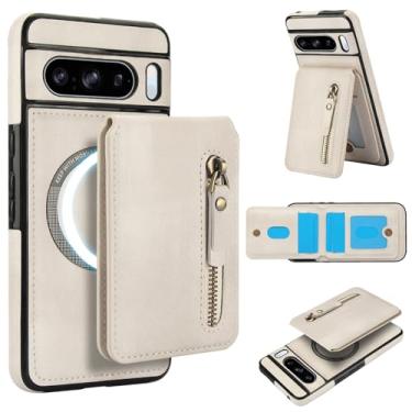 Imagem de Carteira removível compatível com carregamento sem fio Magsafe para Google Pixel 8 Pro com suporte para cartão, bolso com zíper, suporte 2 em 1 capa à prova de choque (branca)
