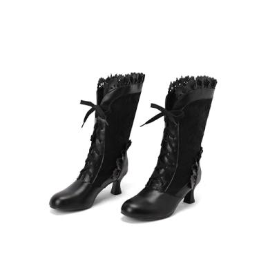 Imagem de Blano Lofor Botas Vitorianas Femininas Salto Grosso Cadarço Bonito Laço Nó Fantasia Cosplay Bruxa Renascença Medieval Botas Góticas Vintage Personagem Gótica Dança Kawaii Sapatos Lolita, Botas pretas