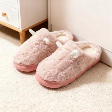 Imagem de Pantufas femininas quentes para mulheres, orelhas fofas, sapatos confortáveis para casa, quarto, ambientes internos, inverno, rosa, 7-8