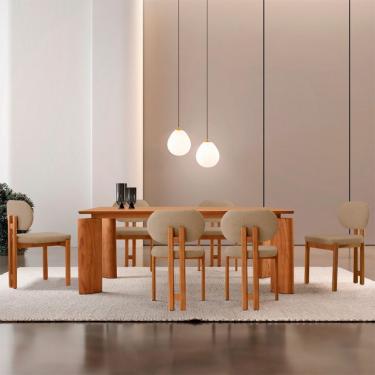 Imagem de Mesa de Jantar Retangular com Tampo Laminado e 6 Cadeiras Aimê Linho Âmbar e Imbuia Natural