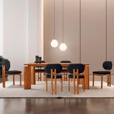 Imagem de Mesa de Jantar Retangular com Tampo Laminado e 6 Cadeiras Aimê Linho Preto e Imbuia Natural