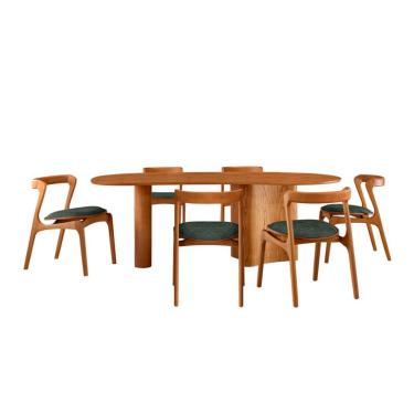 Imagem de Mesa de Jantar Orgânica com Tampo Laminado e 6 Cadeiras Savana Veludo Jade e Imbuia Natural