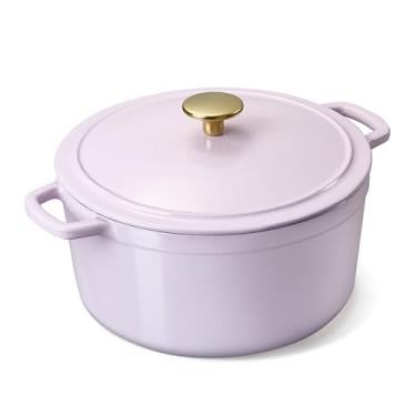 Imagem de CAROTE Panela de forno holandês de ferro fundido esmaltado de 5 litros com tampa, fornos holandeses resistentes para assar pão de fermento, refogar, assar, alças duplas, saudável e não tóxico