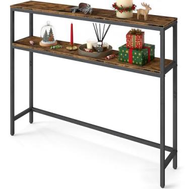 Imagem de VASAGLE Mesa de console, mesa de sofá estreita de 2 camadas com 2 prateleiras, 19 x 100 x 81,5 polegadas, para sala de estar, corredor, entrada, marrom rústico e preto tinta ULNT131K01V1