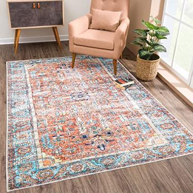 Imagem de Bloom Rugs Tapete lavável antiderrapante 1,8 m x 2,5 m - Tapete de área tradicional laranja/azul para sala de estar, quarto, sala de jantar e cozinha - Tamanho exato: 1,8 x 2,5 m
