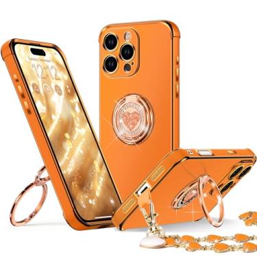 Imagem de XYZ Capa para iPhone 16 Pro Max com suporte, capa de telefone com suporte de anel duplo, capa protetora de luxo para mulheres meninas bling coração para iPhone 16 Pro Max, laranja