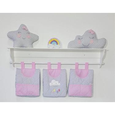 Imagem de Porta Fraldas De Varão Porta Treco 3 Peças Nuvem Rosa Chevron - PolyBa