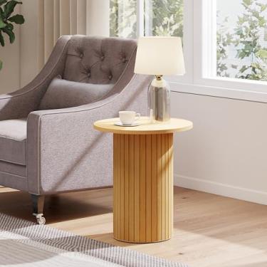 Imagem de Mesa lateral redonda pequena, mesa lateral com tambor canelado, suporte para plantas de madeira para espaços pequenos, móveis modernos para casa, quarto e sala de estar (natureza)