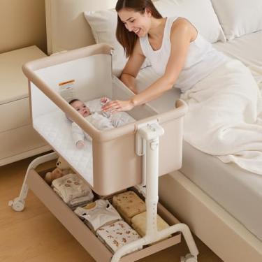 Imagem de Berço de bebê 3 em 1, berço de balanço, berço de cabeceira para bebê, berço estável e seguro para recém-nascidos e bebês, 6 alturas ajustáveis com rodas, colchão e malha respirável (Cáqui)