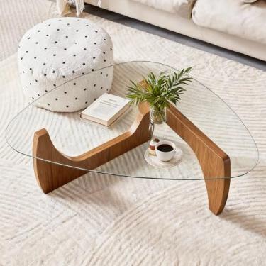 Imagem de Pequena mesa de centro de vidro, mesa de centro moderna de meados do século, mesa central para sala de estar, mesas de centro minimalistas de madeira com base de madeira, mesas de café contemporâneas