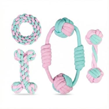 Imagem de wanhaoshangmao Conjunto de brinquedos de corda para cães, cabo de guerra de corda de algodão, rosa e azul-petróleo, 4 peças, brinquedo interativo para cães pequenos e grandes, brinquedos de mastigar