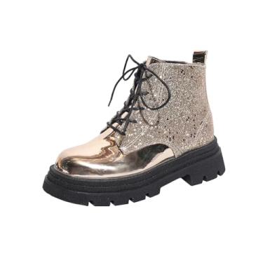 Imagem de Botas femininas modernas de inverno casuais confortáveis com bico redondo brilhante frontal com cadarço e salto baixo, Dourado, 34