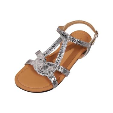Imagem de Sandália rasteira feminina, bico redondo, bico aberto, salto plano, roupa casual, Prata, 36
