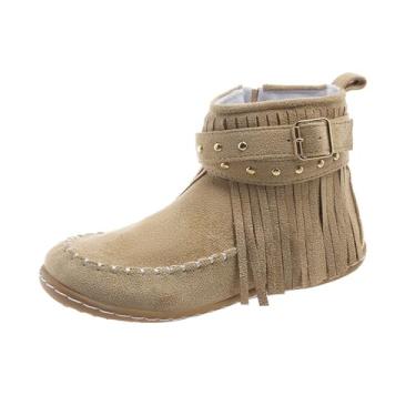 Imagem de Botas femininas modernas, casuais, versáteis, modernas, de inverno, com borla, com sola plana, fivela de cinto, zíper lateral e tornozelo, Caqui, 35