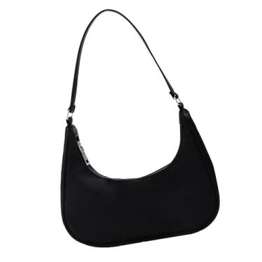 Imagem de Bolsa de ombro de nylon para axilas, bolsa de mão, bolsa clutch com zíper, bolsa crescente, casual, transversal, Preto, One Size