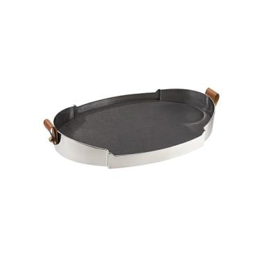 Imagem de Bandeja leve luxuosa minimalista de couro de aço inoxidável para sala de estar, bandeja de decoração de sala de estar