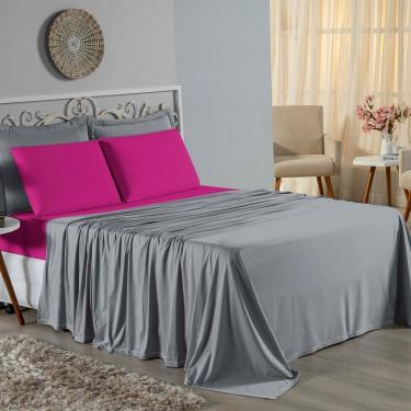 Imagem de Jogo De Cama Casal Nobre 4 Peças Lençol Com Elástico De 30cm De Altura Malha 100% Algodão - Cinza / Pink