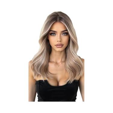 Imagem de Peruca Natural Ondulada De Comprimento Médio Com Mechas Loiro E Castan