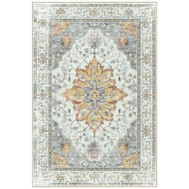 Imagem de RELEANY Tapetes quadrados de 1,8 m, lavável, antiderrapante, floral, vintage, estampado, medalhão, tapete para sala de estar, quarto, sala de jantar, amarelo claro, cinza carbono laranja