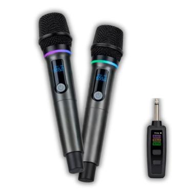 Imagem de Microfone de mão profissional sem fio duplo RGB, tecnologia UHF. Ideal para karaokê, festas, eventos, palestras, igreja e entretenimento familiar – Qualidade Premium LNSTORE