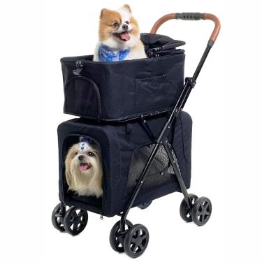 Imagem de Carrinho de passeio duplo com berços removíveis para pets de pequeno porte até 15 kg