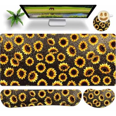 Imagem de JYCUHTCL Conjunto de mouse pad grande premium para jogos 90 x 48 cm com apoio de pulso para teclado, suporte de pulso e porta-copos de espuma viscoelástica suave para mesa de escritório em casa