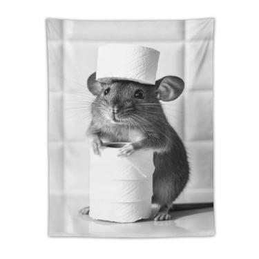 Imagem de Chapéu de papel higiênico com mouse tapeçaria de banheiro impressão artística preta branca para quarto sala de estar dormitório decoração de casa com design de animal de estimação pequeno fofo