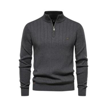 Imagem de Suéter Masculino De Algodão Quente Com Zíper, Gola Alta, Tricotado, Al