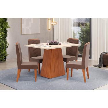 Imagem de Conjunto: Mesa Sala Jantar Dulce c/ Tampo Madeirado c/ Vidro Reto 120x90cm e 4 Cadeiras Lia Freijo/Off White - Suede Moca - DJ Móveis