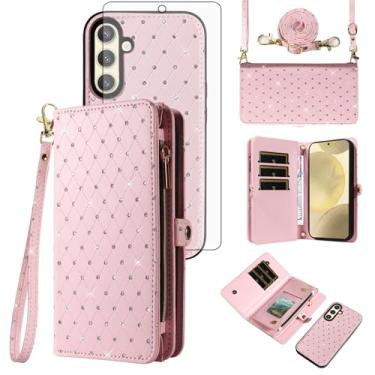 Imagem de Capa de telefone para Samsung Galaxy S25 FE 5G capa carteira com zíper com protetor de tela de vidro temperado alça transversal alça de cordão bling glitter flip compartimento para cartão S 25 EF