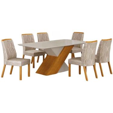 Imagem de Conjunto Sala De Jantar Ilhéus Cinamomo Off White 6 Cadeiras Linho Palha Base Em Madeira 1,80 M Leifer Móveis