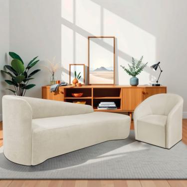 Imagem de Kit Sofá Curvo França 180cm Ld. E Poltrona Luiza Max Conforto, Elegância E Design Moderno Bouclé Bege
