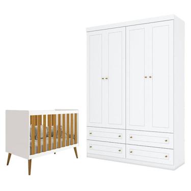 Imagem de Berço Americano Isis Branco Acetinado Savana - Reller E Guarda Roupa Infantil Americano 4 Portas Branco Hp - Henn
