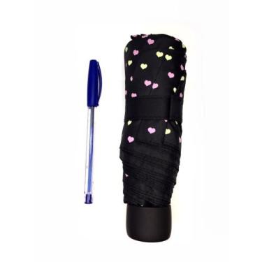Imagem de Mini Guarda Chuvas Sombrinha De Bolso Feminina Alumínio - Preta Coraçõ
