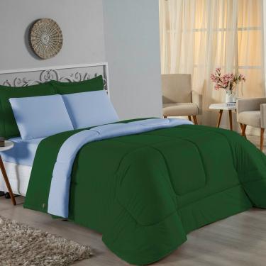 Imagem de Kit Edredom Dupla Face + Jogo De Lençol Casal Nobre 6 Peças Malha 100% Algodão - Verde-bandeira / Azul-bebê