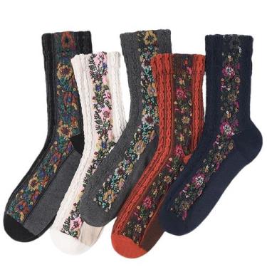 Imagem de Meias redondas vintage com padrão floral de algodão de fibra longa x5 