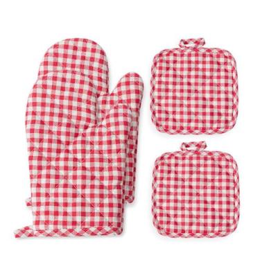 Imagem de Conjunto de luvas de forno, xadrez vermelho resistente ao calor, de 4 