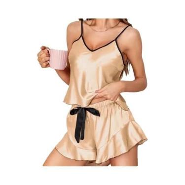 Imagem de Pijamas De Seda Lisa Para Mulheres Com Decote Em V E Calças Com Renda,