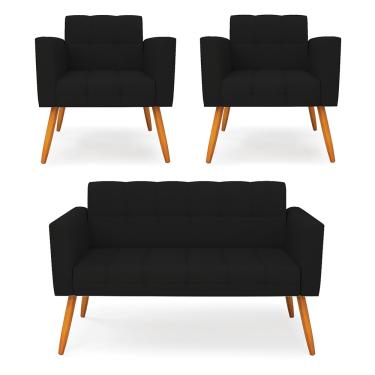 Imagem de Kit 1 Sofá Namoradeira e 2 Poltronas Elisa Linho Preto A79 Pés Palito Castanho D03 - D'Rossi